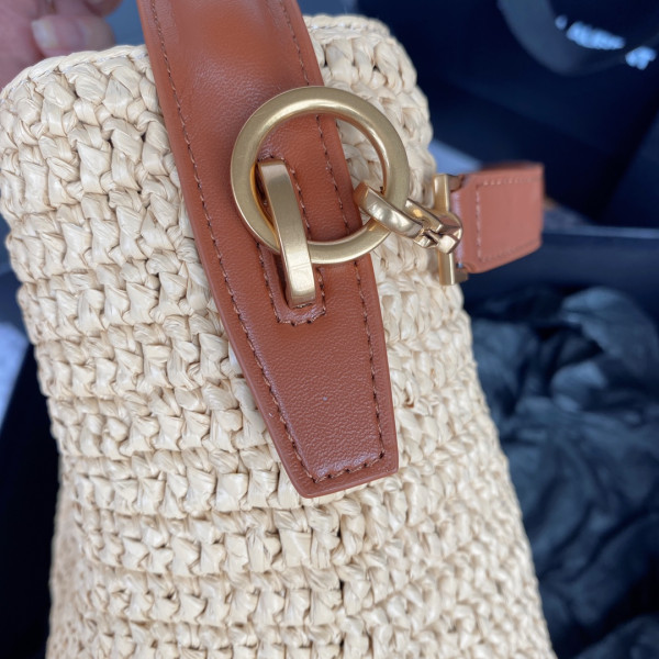 YSL Le 37 leather-trimmed raffia bucket bag-20*25*16CM