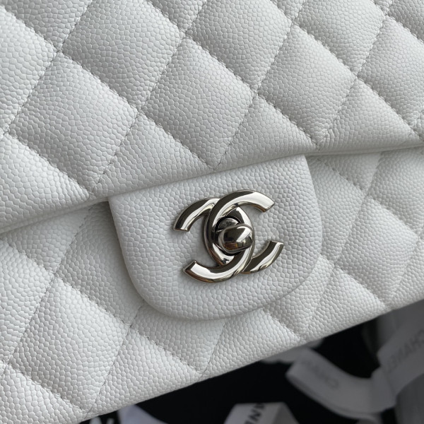 CL A01112 White Large 25.5 Calfskin Leather Flap Bag